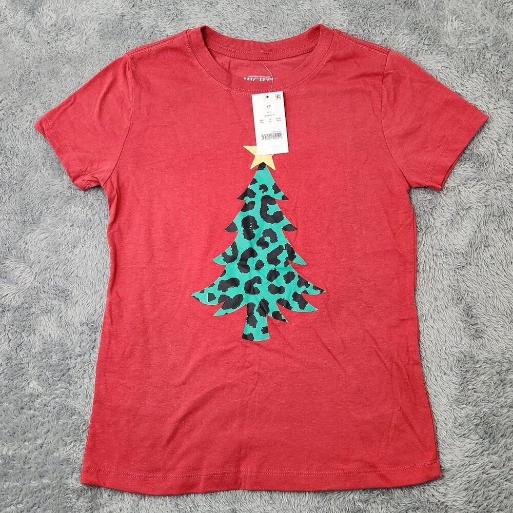 Mighty Fine T-Shirt Womens XS Red Christmas Tree Graphic Leopard Print Design